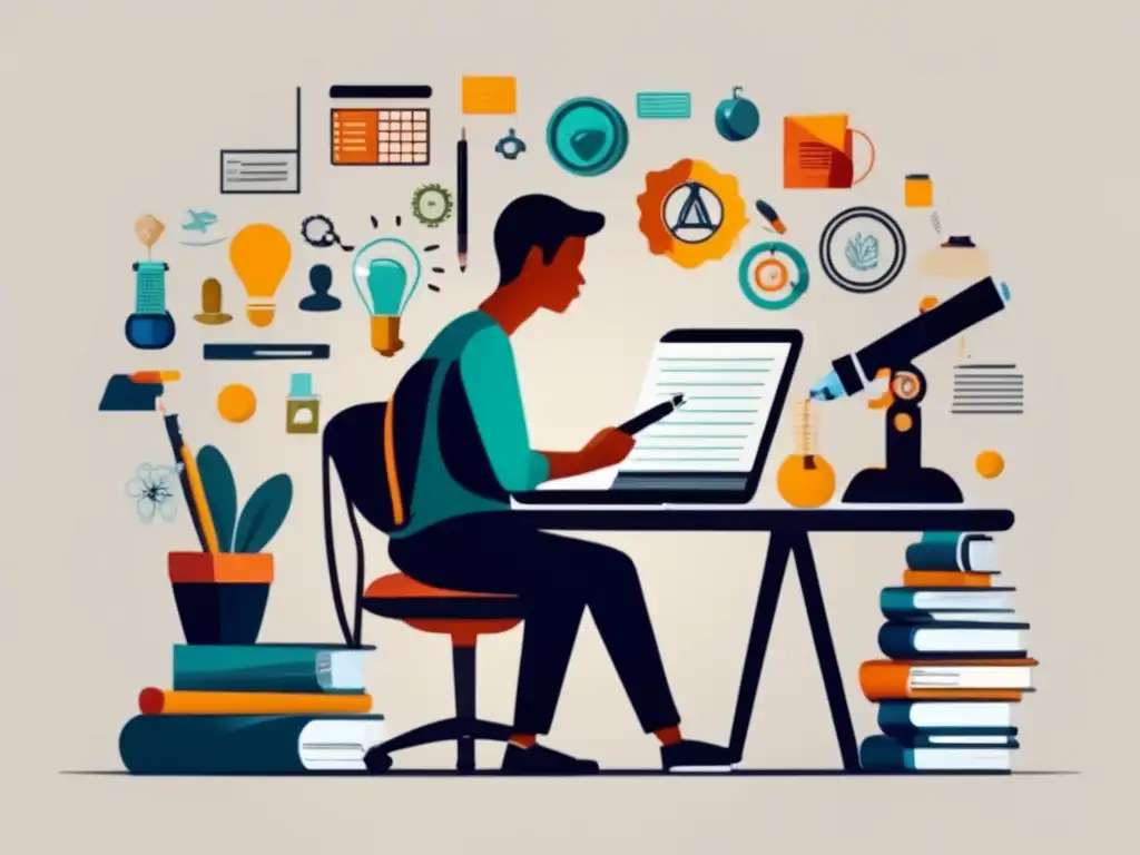 Exploración académica personalizada Proceso admisiones personalizado: persona en escritorio con objetos académicos y pensando en opciones y requisitos