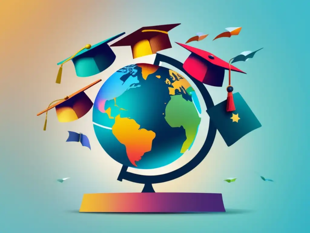 Oportunidades educativas globales Proceso admisiones postgrado extranjero: Globo con gorras de graduación representando diversidad internacional