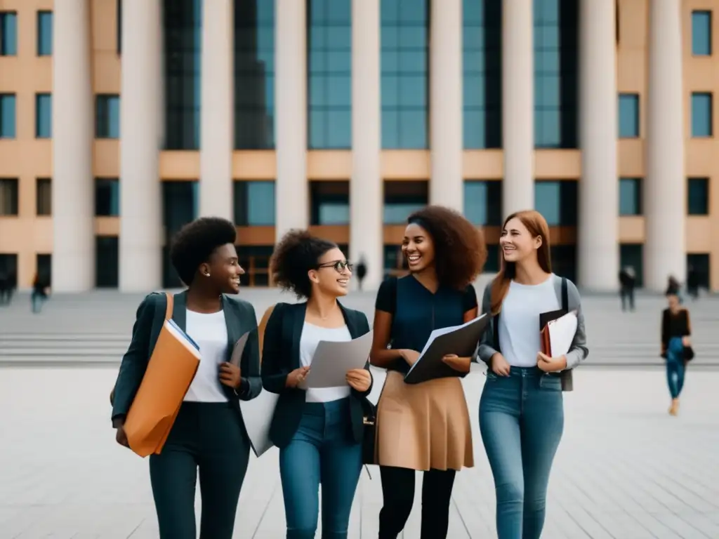 Estudiantes emocionados en universidad europea Proceso de admisiones universidades europeas: Estudiantes diversos frente a imponente universidad, con tonos neutros y líneas limpias
