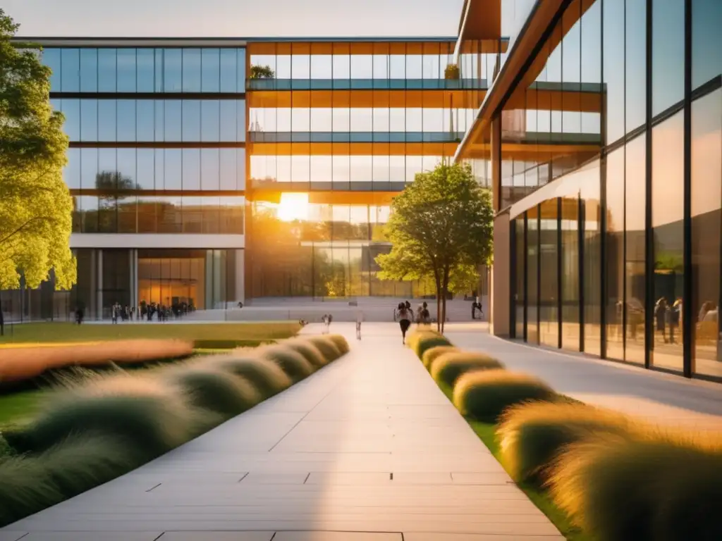 Campus universitario moderno en Europa al atardecer Proceso admisiones universidades europeas: Campus moderno y vibrante rodeado de naturaleza, arquitectura minimalista y estudiantes activos