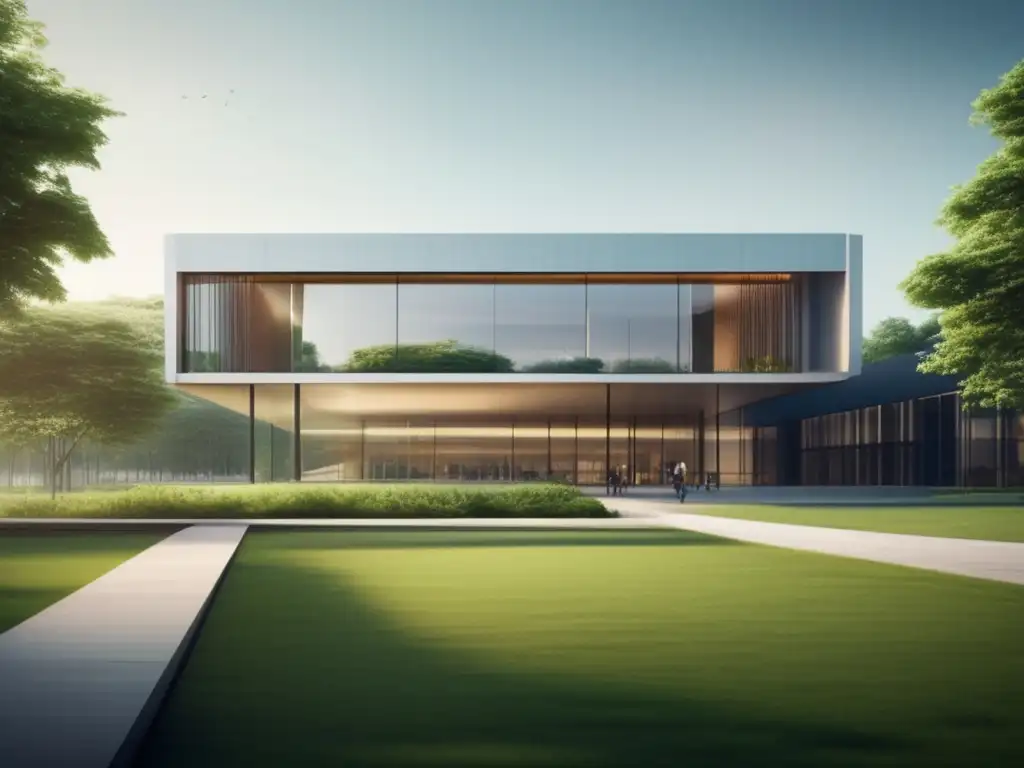 Universidad moderna con arquitectura elegante rodeada de vegetación Proceso de admisiones universitarias en campus moderno con arquitectura minimalista rodeado de naturaleza