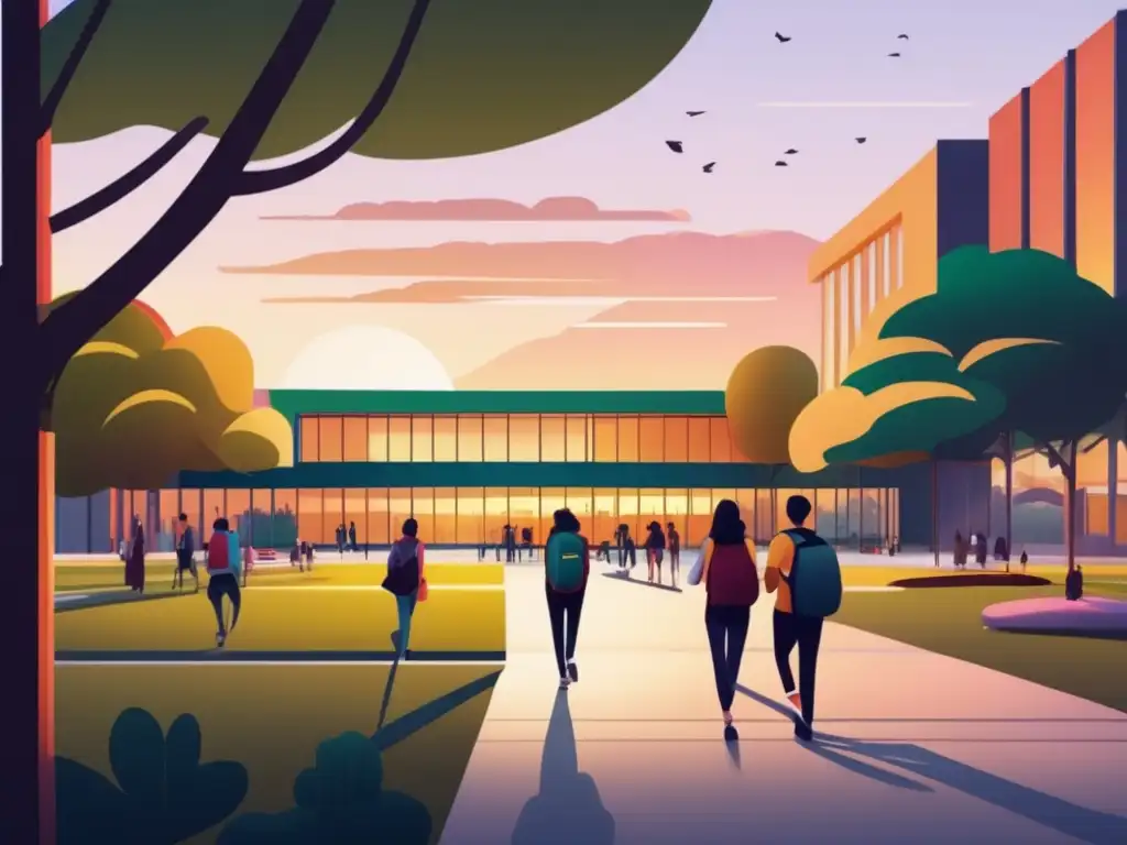 Campus universitario moderno al atardecer Proceso de admisiones universitarias en un campus moderno y vibrante al atardecer