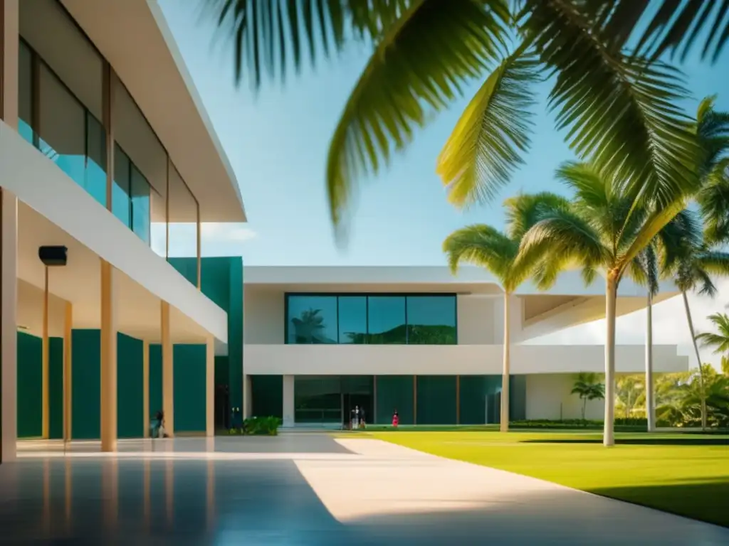 Universidad moderna en el Caribe Proceso de admisiones universitarias Caribe: Campus moderno y minimalista en el Caribe, bañado por la suave luz de la mañana