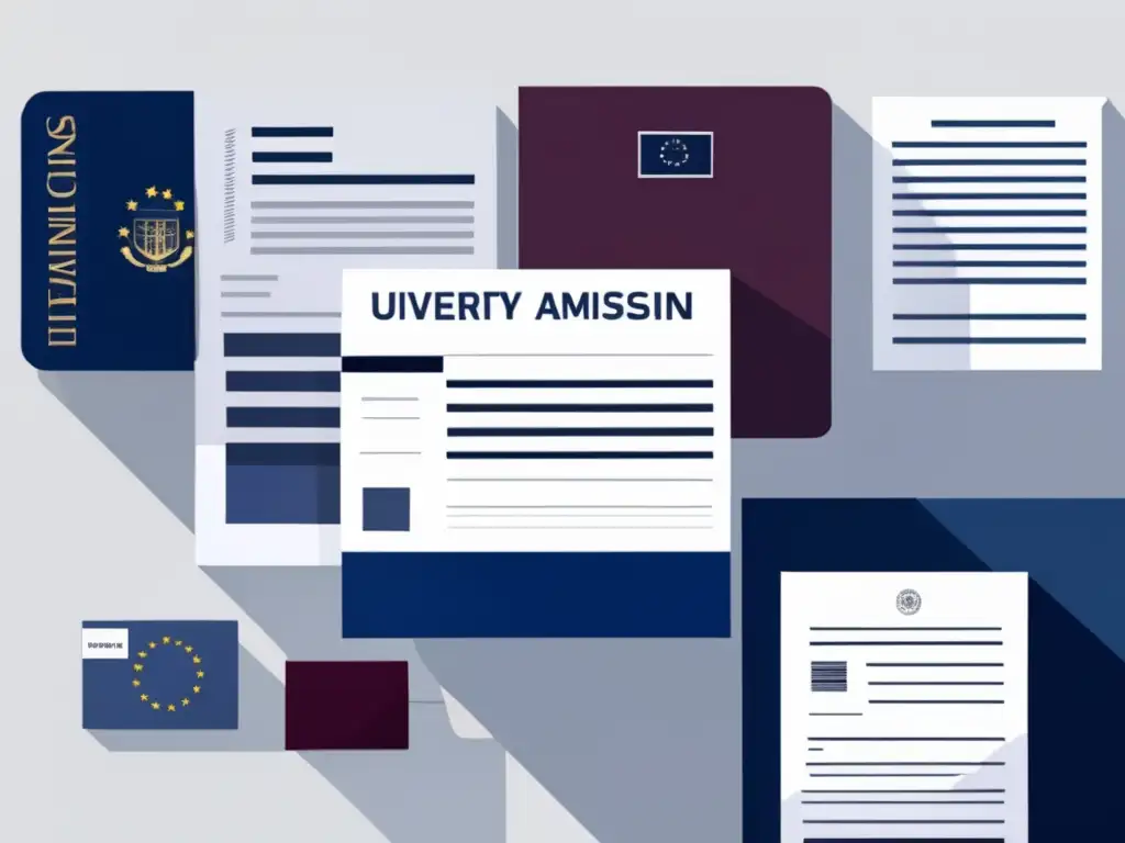 Documentos de admisión universitaria organizados Proceso admisiones universitarias en Europa: documentos organizados y minimalistas en fondo blanco
