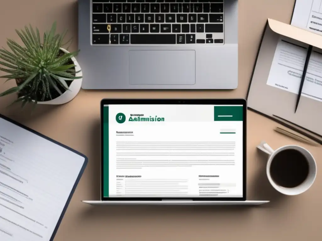 Escritorio minimalista para optimizar tu currículum Proceso admisiones universitarias: Escritorio minimalista con laptop moderna abierta a web de admisiones, CV destacado y documentos organizados