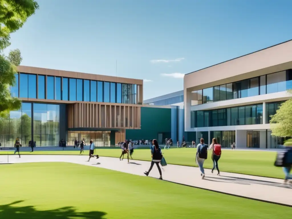 Un campus universitario moderno y vibrante Proceso de admisiones universitarias exitoso: Campus moderno y minimalista con estudiantes animados y opciones de edificios