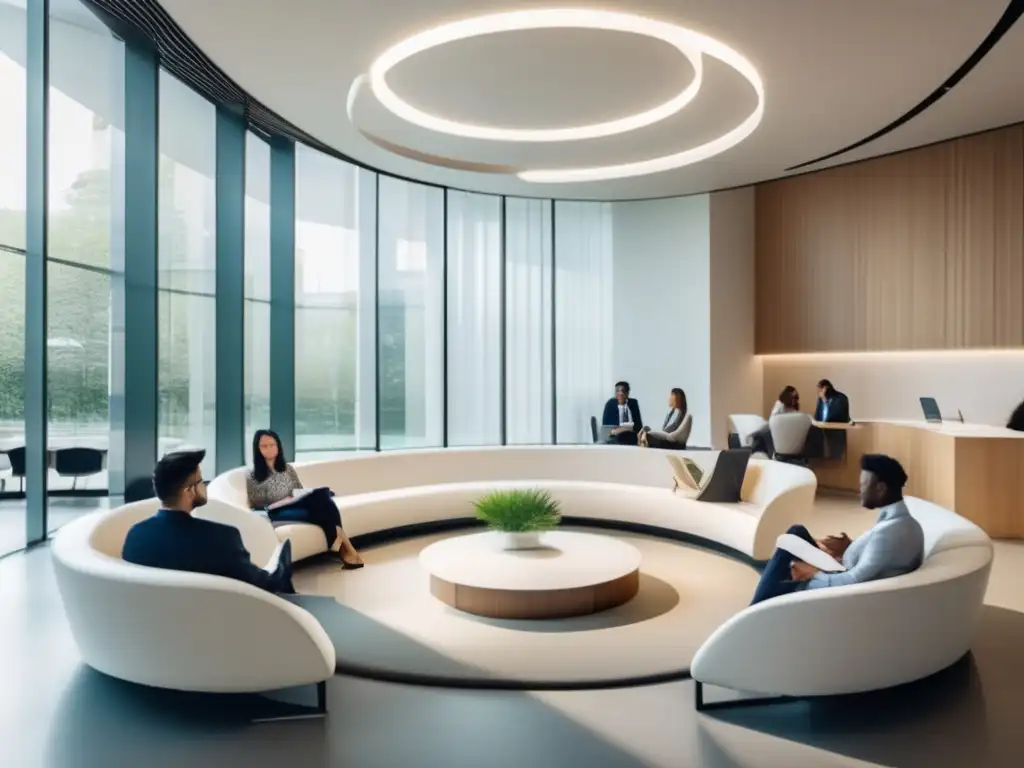Sala de espera moderna y minimalista para aspirantes universitarios Proceso de admisiones universitarias: grupo de solicitantes en una moderna sala de espera, con sillas blancas y actividades académicas