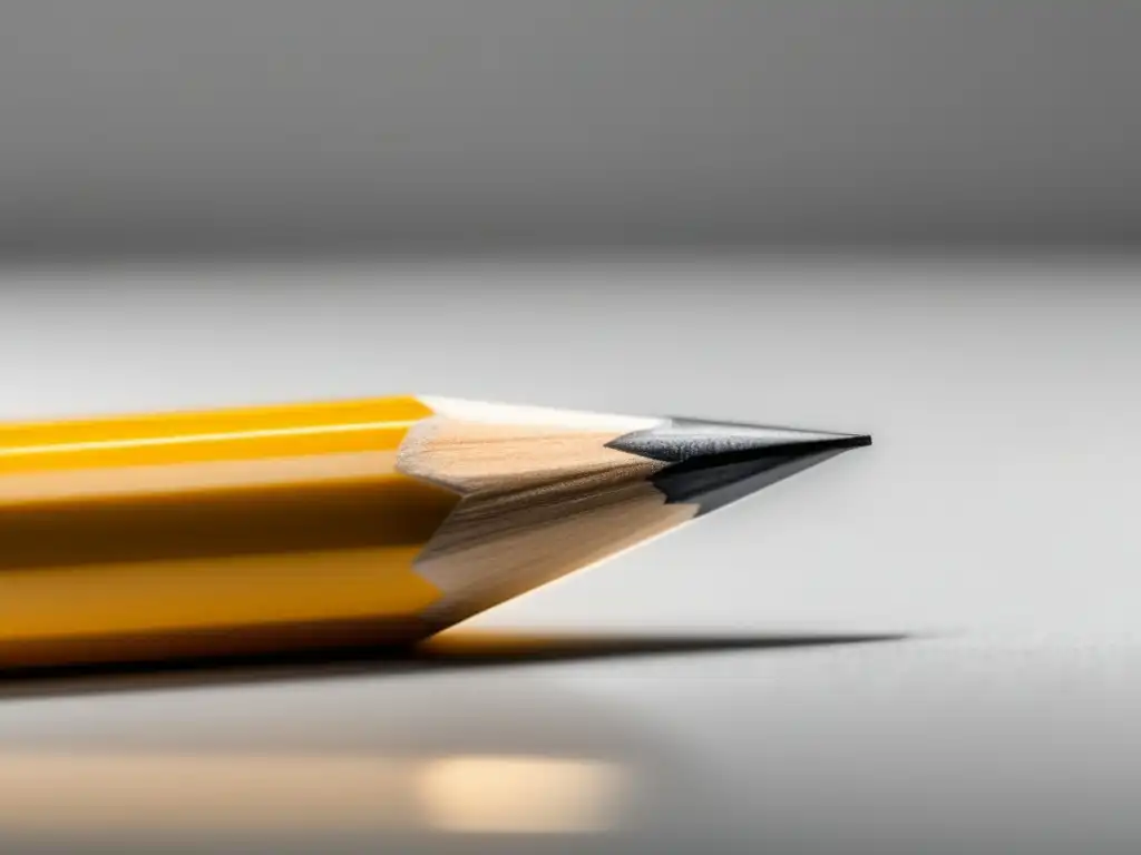 Pencil afilado en escritorio blanco: imagen moderna y minimalista Proceso de admisiones universitarias: Un lápiz afilado sobre un escritorio blanco, representando precisión y preparación
