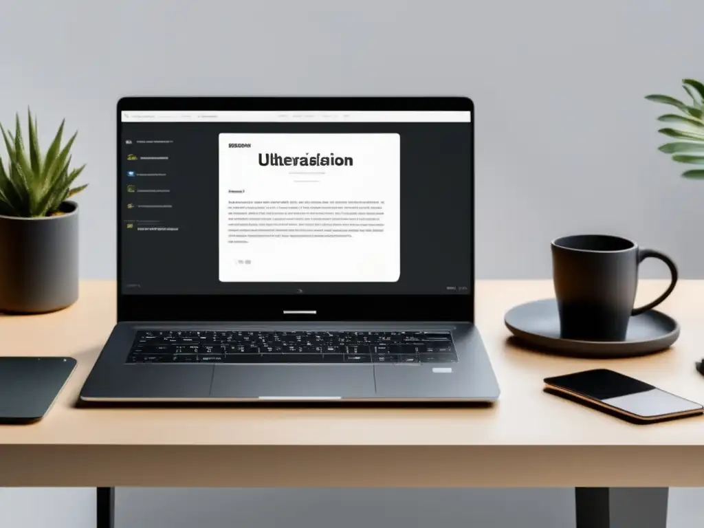 Espacio de trabajo minimalista y moderno Proceso de admisiones universitarias en América Latina: Espacio de trabajo moderno con laptop, documentos y app de traducción
