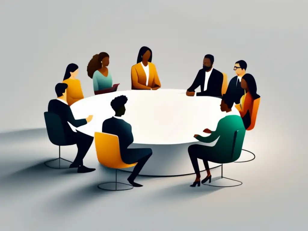 Grupo diverso de líderes académicos en discusión Proceso de admisiones universitarias para líderes con potencial: diseño minimalista y elegante, jóvenes diversos en discusión, compromiso y excelencia