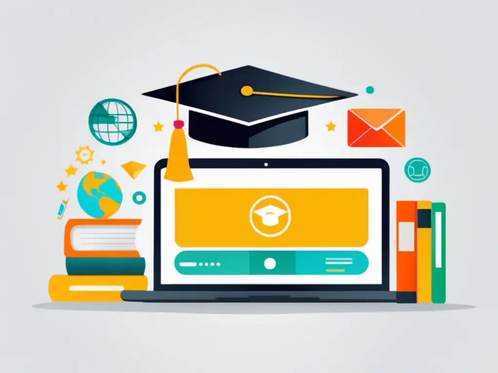 Becas online: Diseño minimalista y moderno Proceso de admisiones universitarias en línea: imagen minimalista y moderna de becas online con laptop, íconos de estudio en azul y gris
