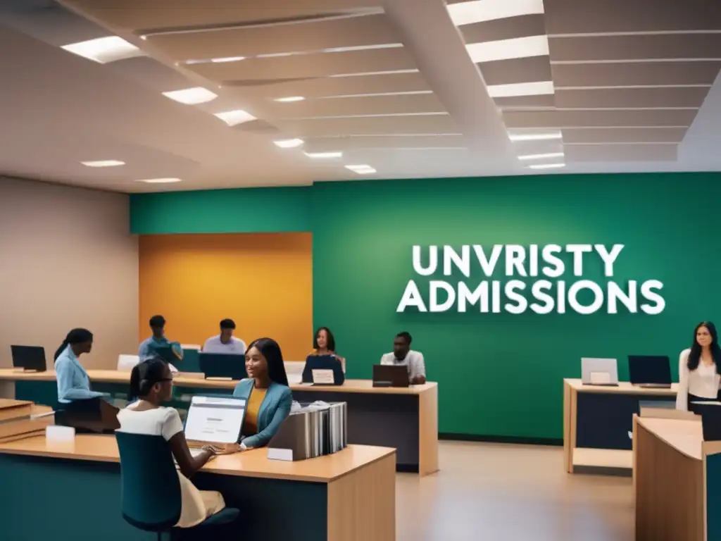 Oficina de admisiones universitarias Proceso de admisiones universitarias para trabajo social: estudiantes en oficina de admisiones, documentos en mano y personal profesional