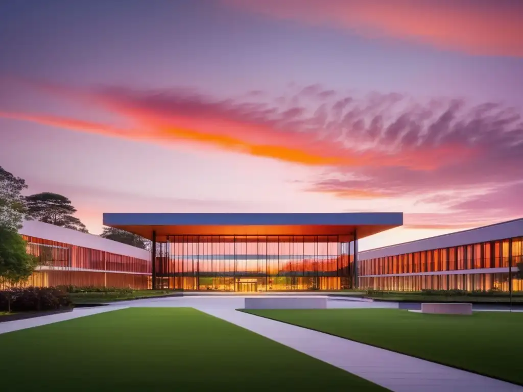 Un campus universitario moderno y elegante al atardecer Guía para proceso admisiones universitarios - Campus universitario moderno al atardecer, con edificio principal destacado y entorno verde