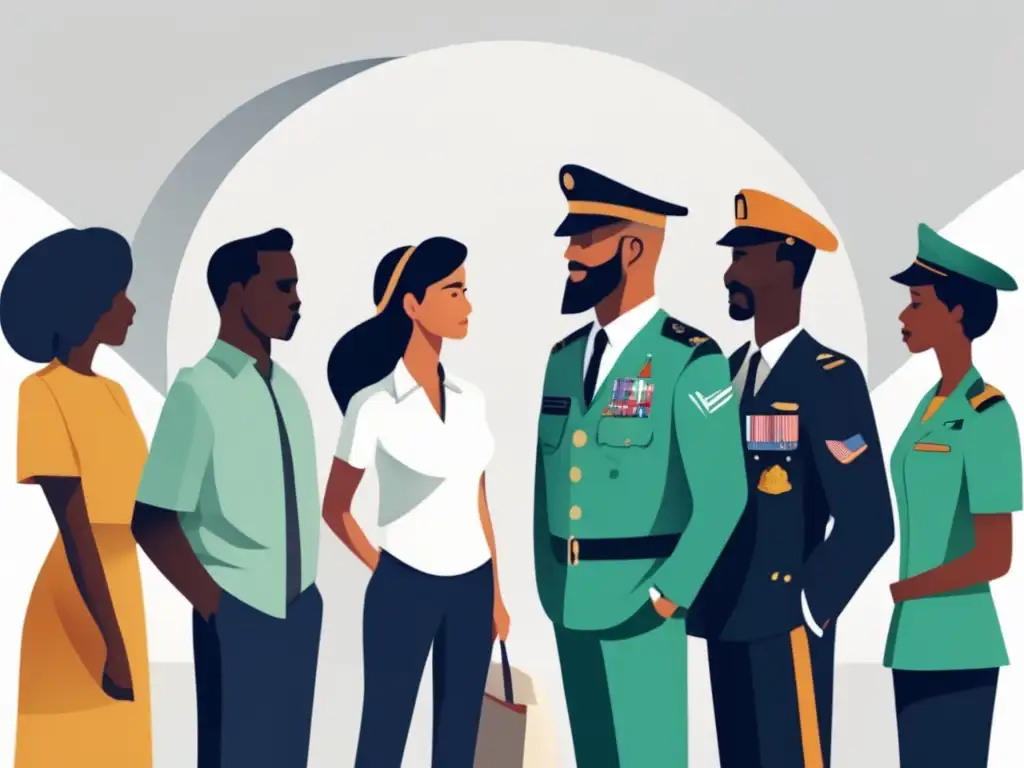 Veteranos colaborando en admisiones Proceso de admisiones para veteranos: imagen de conversación y colaboración entre militares en uniforme, rodeados de símbolos y documentos