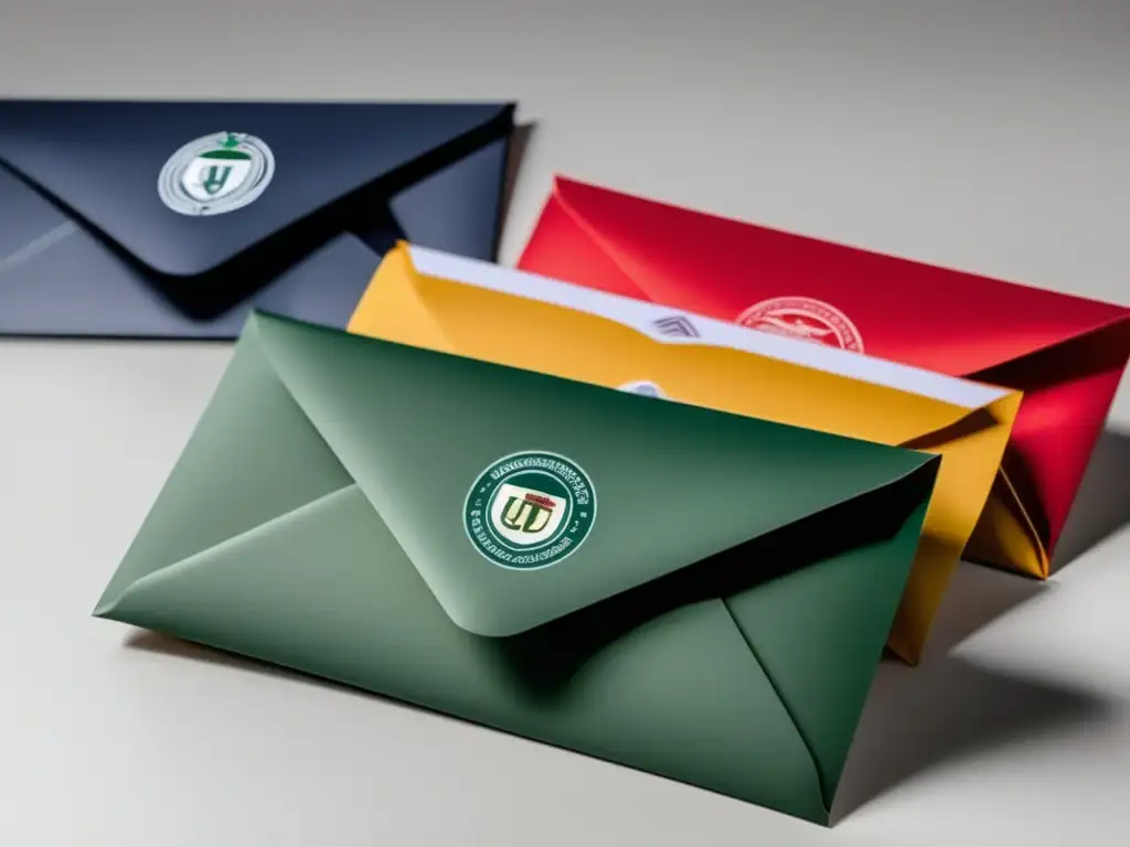 Solicitudes de recomendación universitaria Proceso de admisión internacional: sobres con logotipos universitarios en un escritorio blanco y ordenado