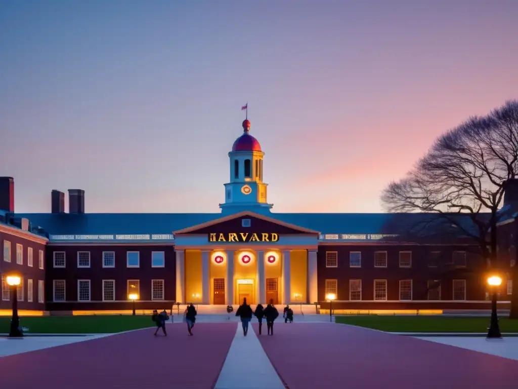 Universidad de Harvard al atardecer: excelencia académica y prestigio Proceso de admisión universidades: Campus universitario de Harvard al atardecer con icónico letrero iluminado y estudiantes caminando