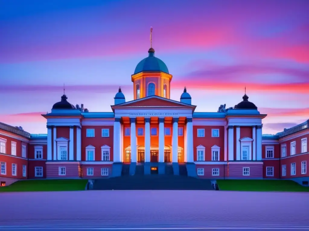 Universidad de Helsinki al atardecer Proceso admisión universitaria en Helsinki - Universidad de Helsinki al atardecer, con edificio principal destacado
