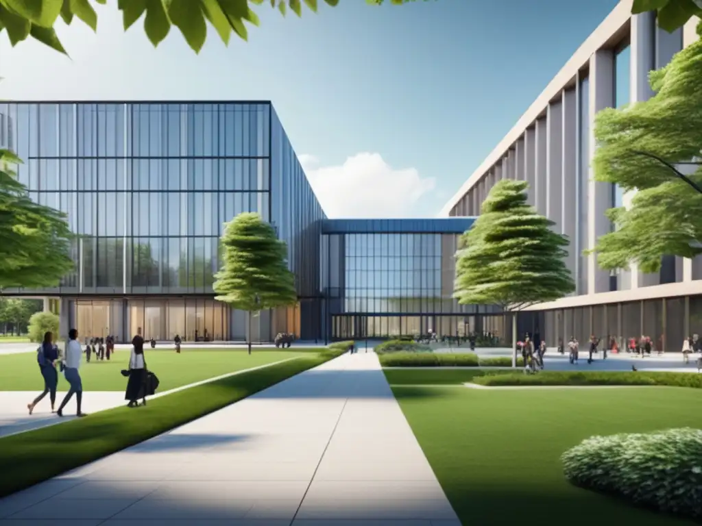 Universidad moderna en Toronto Proceso de admisión universitaria en Toronto: Campus moderno con arquitectura minimalista, naturaleza exuberante y estudiantes de diversas culturas