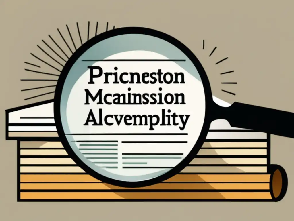 Proceso de admisión en Princeton: Documentos y lupa Proceso de admisión universitaria: magnifying glass, documentos con ecuaciones y símbolos científicos, colores contemporáneos