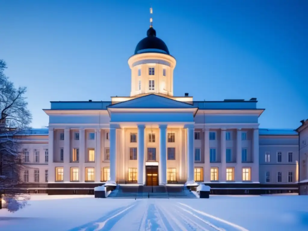 Majestuoso edificio de la Universidad de Helsinki en invierno Proceso admisión universitaria en Helsinki: edificio principal de la Universidad de Helsinki en paisaje invernal