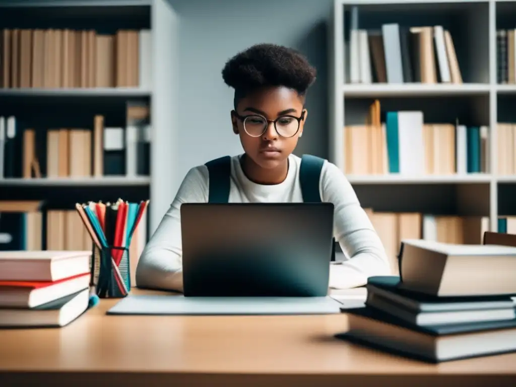 Joven estudiante enfocado en su escritorio Proceso de admisión universitaria para jóvenes vulnerables: estudiante enfocado en su escritorio, rodeado de libros y materiales de estudio