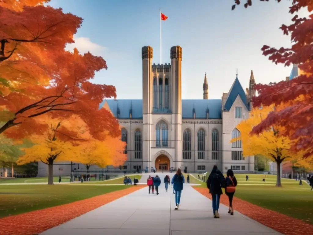 Universidad de Toronto en otoño Proceso de admisión universitaria en Toronto - Universidad de Toronto en otoño con edificio principal, árboles de maple rojos y estudiantes diversos