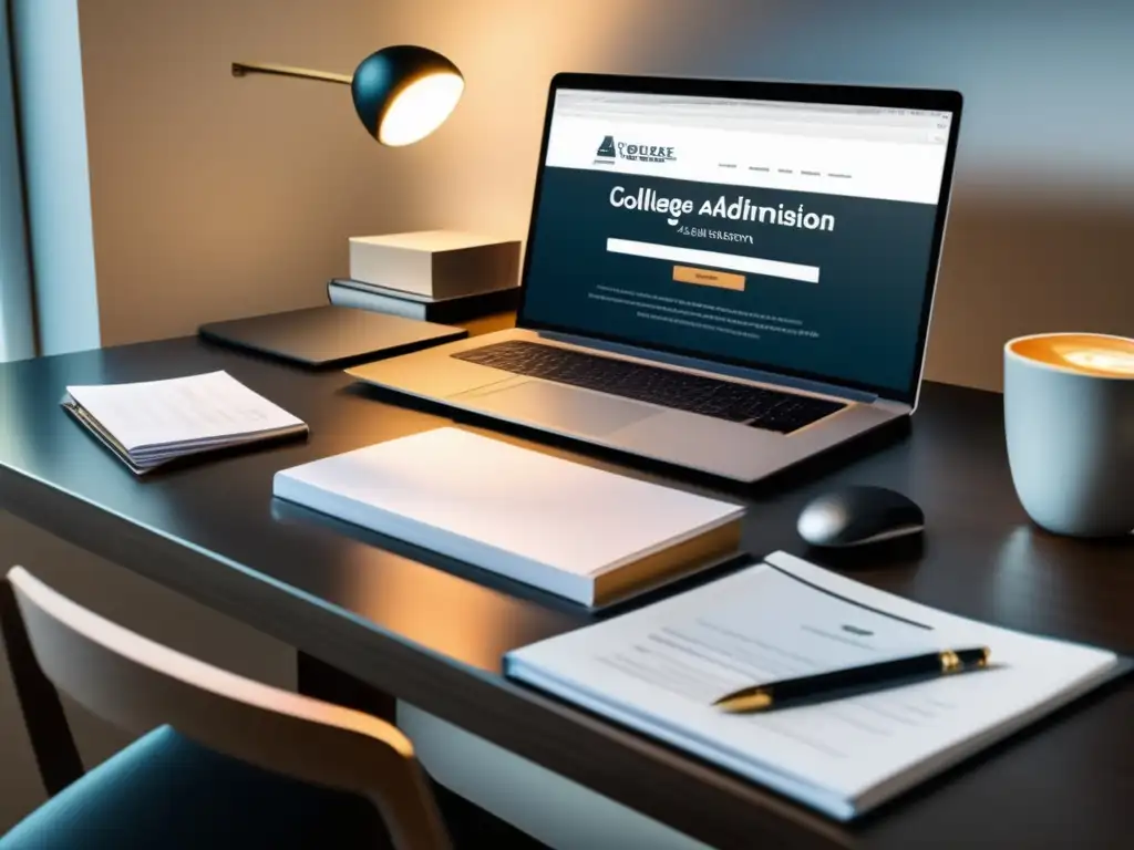 Escritorio profesional y organizado para solicitudes universitarias Revisión profesional admisión universitaria: escritorio minimalista, solicitud de admisión, café y más