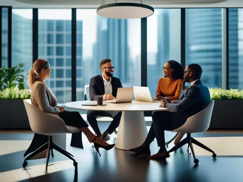 Profesionales colaborando en oficina moderna Profesionales diversificados en discusión colaborativa en una oficina moderna y luminosa