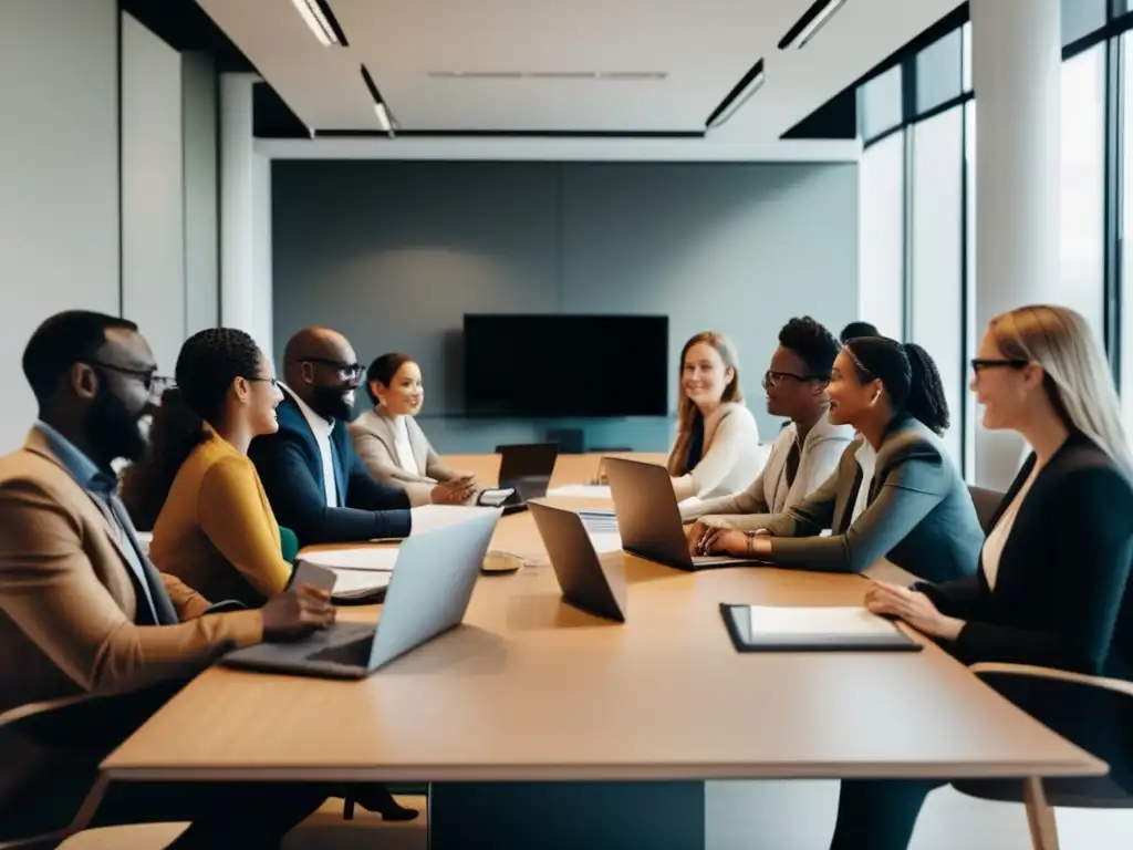 Diversidad y colaboración en un entorno profesional Profesionales diversos en reunión colaborativa, destacando beneficios de la universidad en la carrera