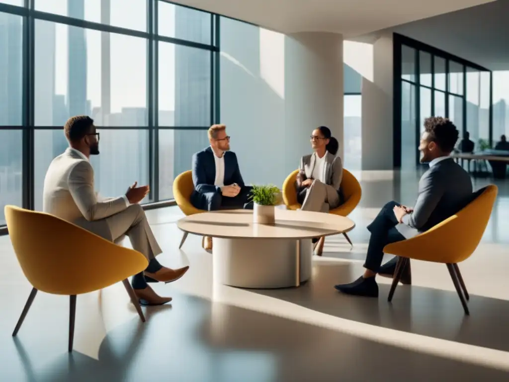 Equipo diverso en discusión profesional Profesionales en entrevista grupal, destacando estrategias para sobresalir (110 caracteres)