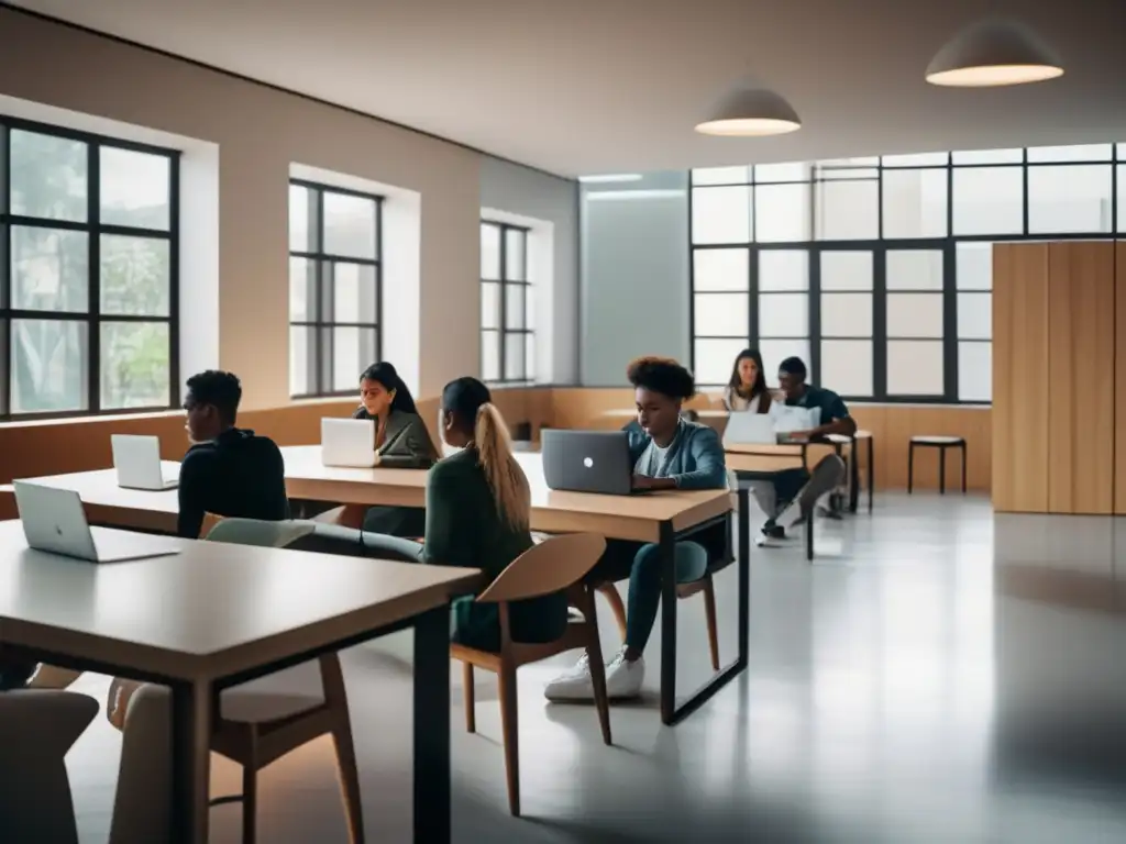 Estudiantes concentrados en moderno salón Preparación pruebas aptitud universidades latinoamericanas