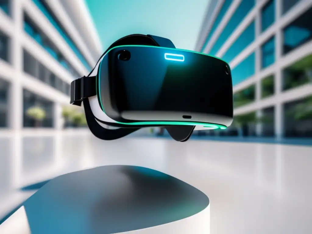 Headset de realidad virtual con campus universitario Realidad aumentada en visitas universitarias: headset futurista en superficie blanca, visor reflejante muestra vibrante campus virtual