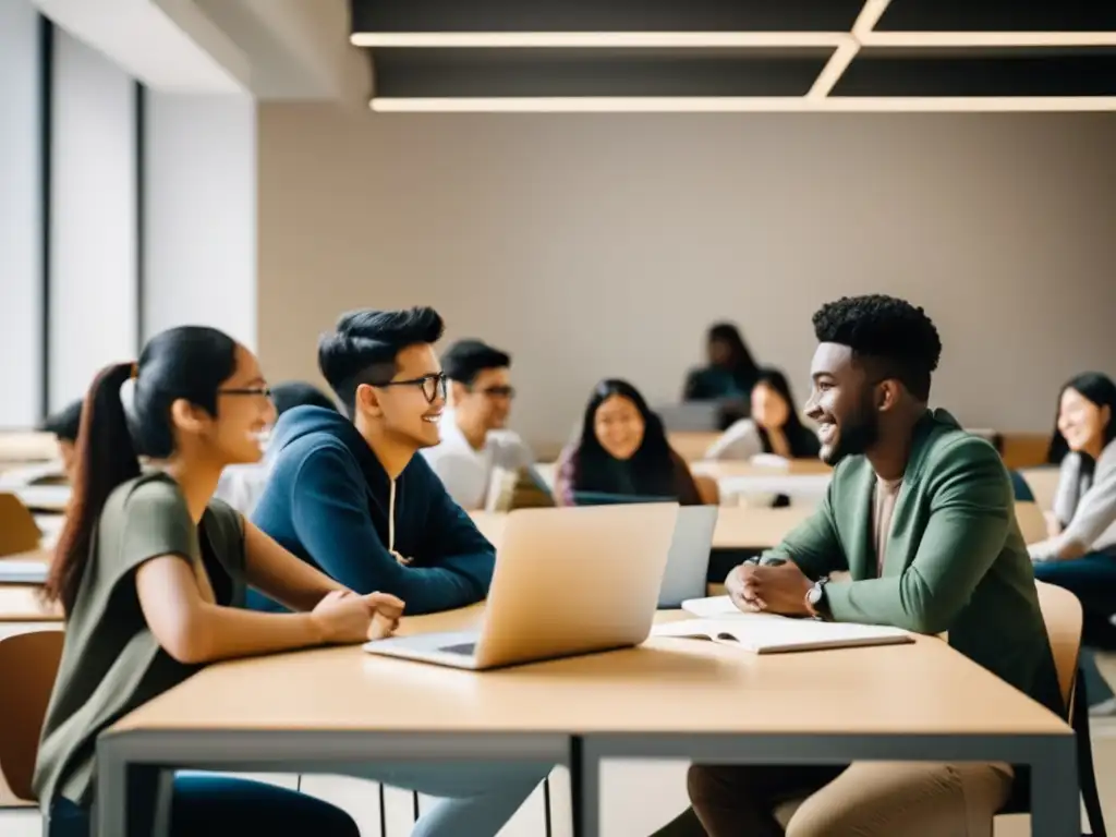 Estudiantes internacionales en aula universitaria Recursos para aprender inglés académico con estudiantes internacionales en un aula universitaria luminosa y espaciosa