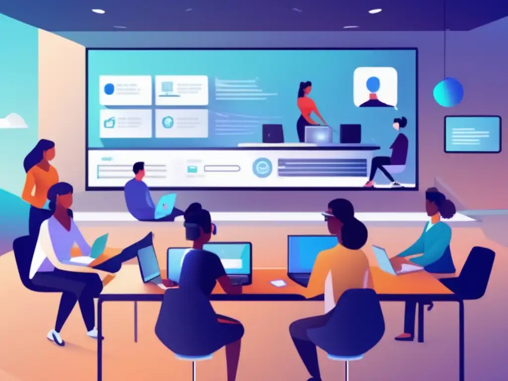 Aula virtual futurista con estudiantes participando Recursos online gratuitos para examen de admisión universitaria