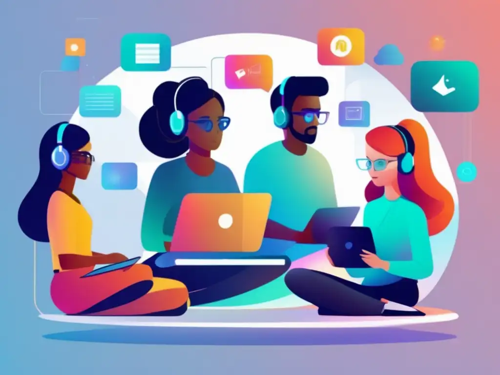 Estudiantes en aula virtual con contenido educativo Relevancia MOOCs en admisiones universitarias: estudiantes diversos en aula virtual, con contenido holográfico educativo