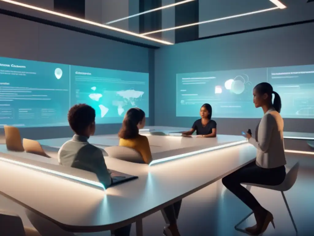 Aula futurista con proyecciones holográficas y personalización Relevancia de MOOCs en admisiones universitarias: Futurista aula interactiva con hologramas de estudiantes y profesor, personalizando la educación