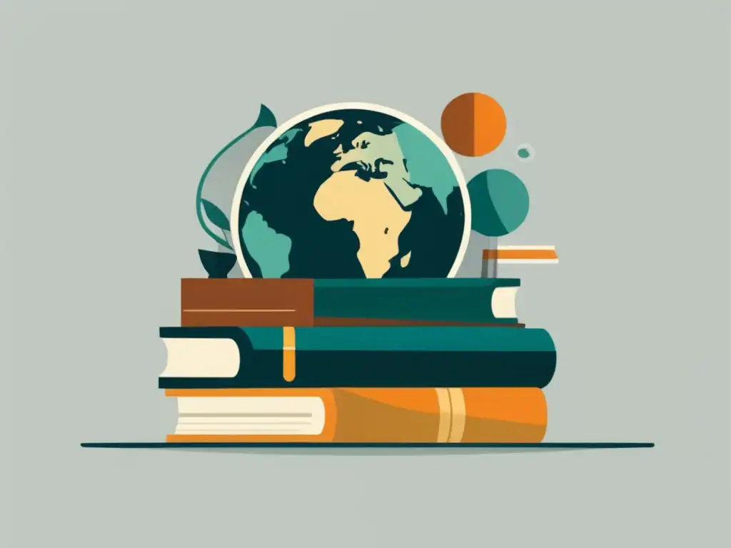 Estudio global y admisiones Requisitos promedio académico admisiones universitarias - Imagen minimalista de libros apilados con globo encima, representando aspecto internacional