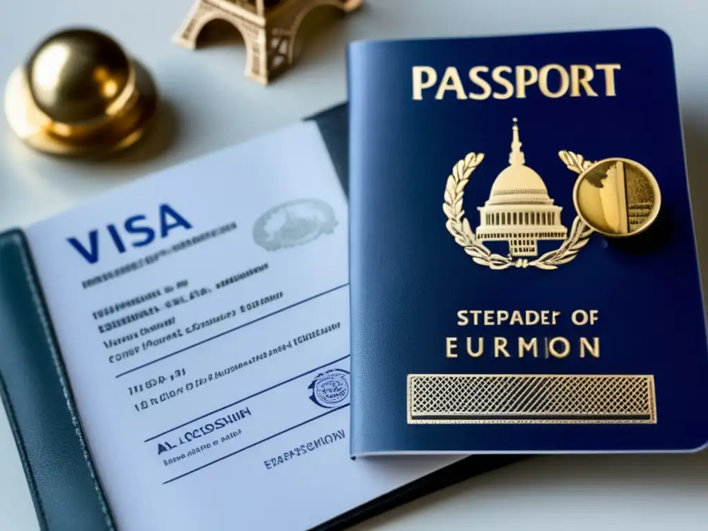 Visa europea y requisitos de estudio Requisitos de visa y estudio en Europa: pasaporte abierto con visa europea, monumentos icónicos y superficie blanca