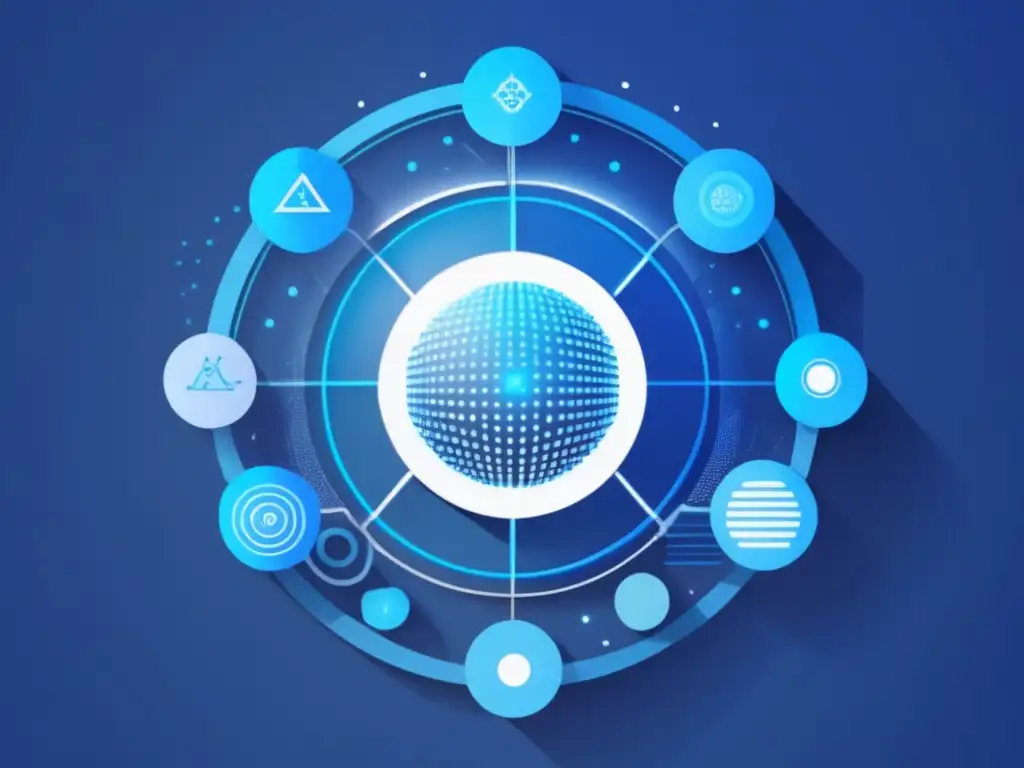 Tecnología y colaboración en exámenes justos Rol de la IA en exámenes justos: ilustración minimalista y moderna con formas geométricas azules, un orbe brillante y nodos interconectados
