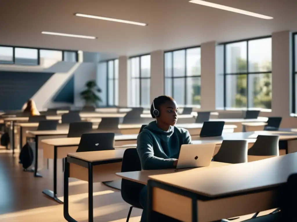 Aula moderna con tecnología y luz natural Sala de clases moderna con escritorios minimalistas equipados con tecnología, iluminada por luz natural