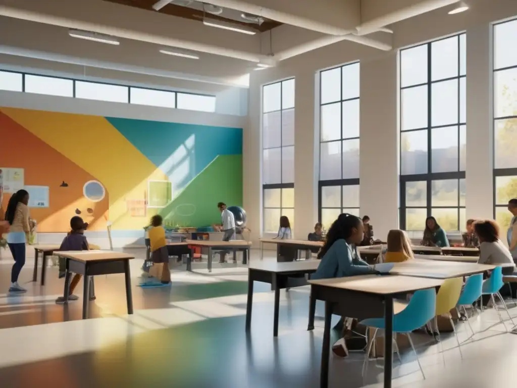 Aula moderna con estudiantes en actividades extracurriculares Sala de clases moderna con luz natural y estudiantes realizando actividades extracurriculares impresionantes