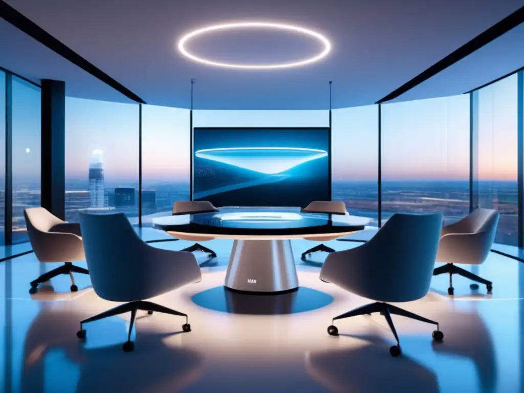 Sala de entrevistas futurista con inteligencia artificial Sala de entrevistas universitarias con IA emocional
