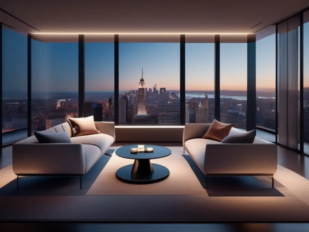 Sala de entrevistas virtual minimalista e futurista Sala de entrevistas virtuales con IA, minimalista y futurista, con vista panorámica de la ciudad al anochecer
