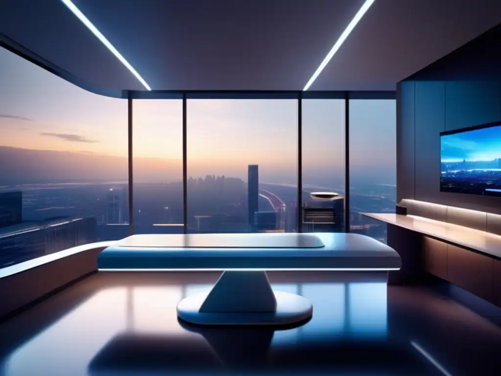 Sala de examen de alta tecnología con vistas futuristas Sala de exámenes universitarios con tecnología avanzada, ambiente minimalista y vista panorámica de una ciudad futurista