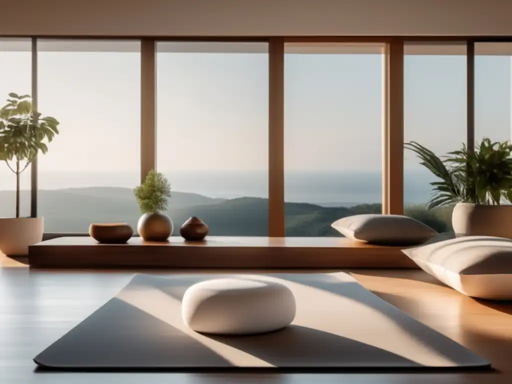 Espaciosa habitación minimalista con luz natural Sala minimalista con luz natural, yoga, libros, arte y plantas