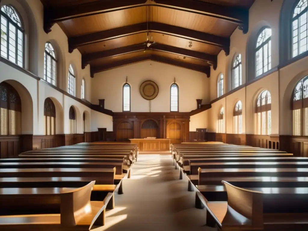 Impresionante sala de tribunal universitario Sala de tribunal elegante con detalles arquitectónicos, bancos de madera y abogados en discusión