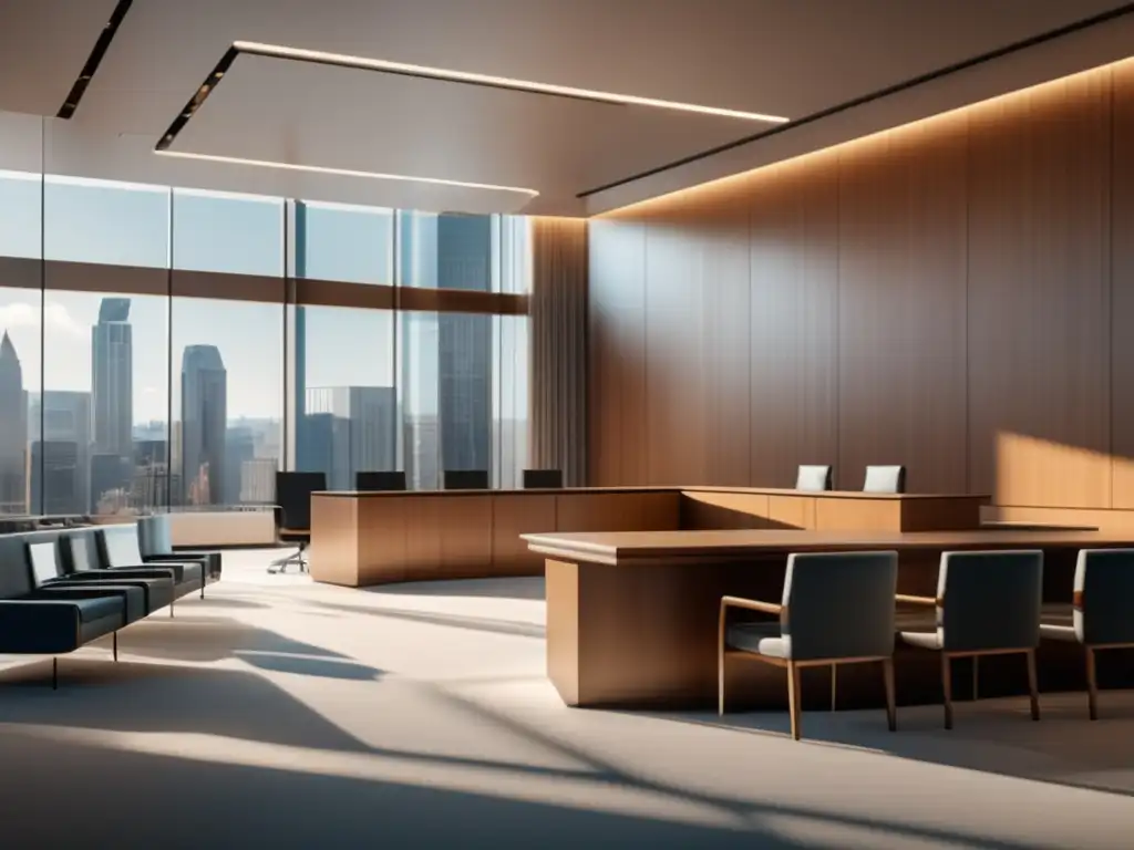 Moderna sala de tribunal minimalista Sala de tribunal minimalista con vistas panorámicas a la ciudad y elementos de diseño elegantes