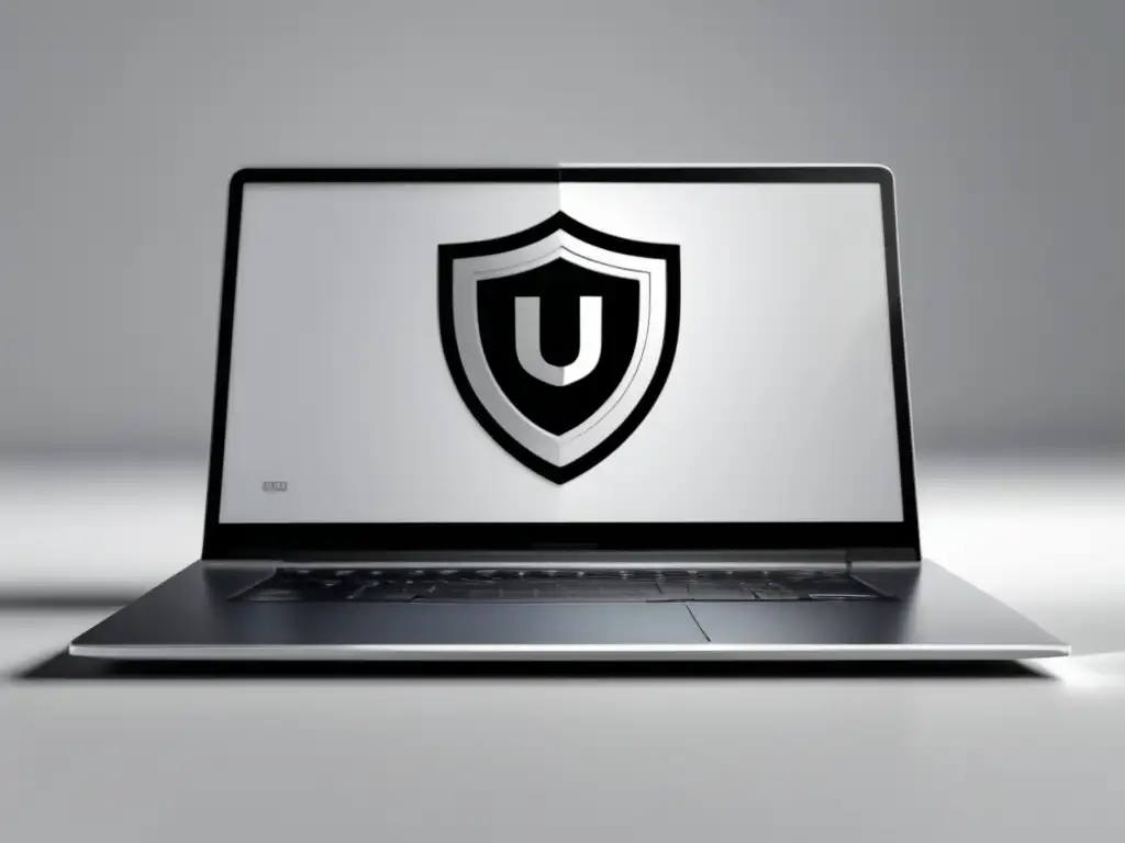 Laptop seguro para documentos universitarios Seguridad en admisiones universitarias: laptop moderno con cerradura, escritorio minimalista y escudo de protección de documentos