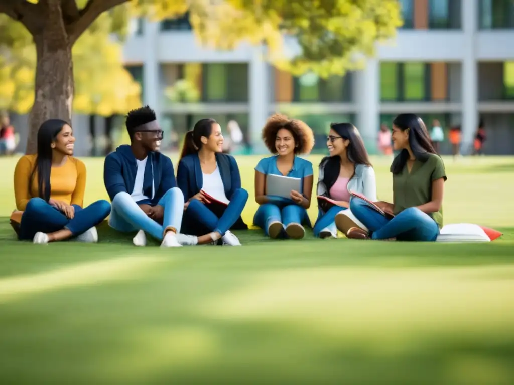 Estudiantes internacionales disfrutando la vida universitaria Seguro de salud para estudiantes internacionales: estudiantes en universidad disfrutan de actividades y estudios en un campus moderno y vibrante