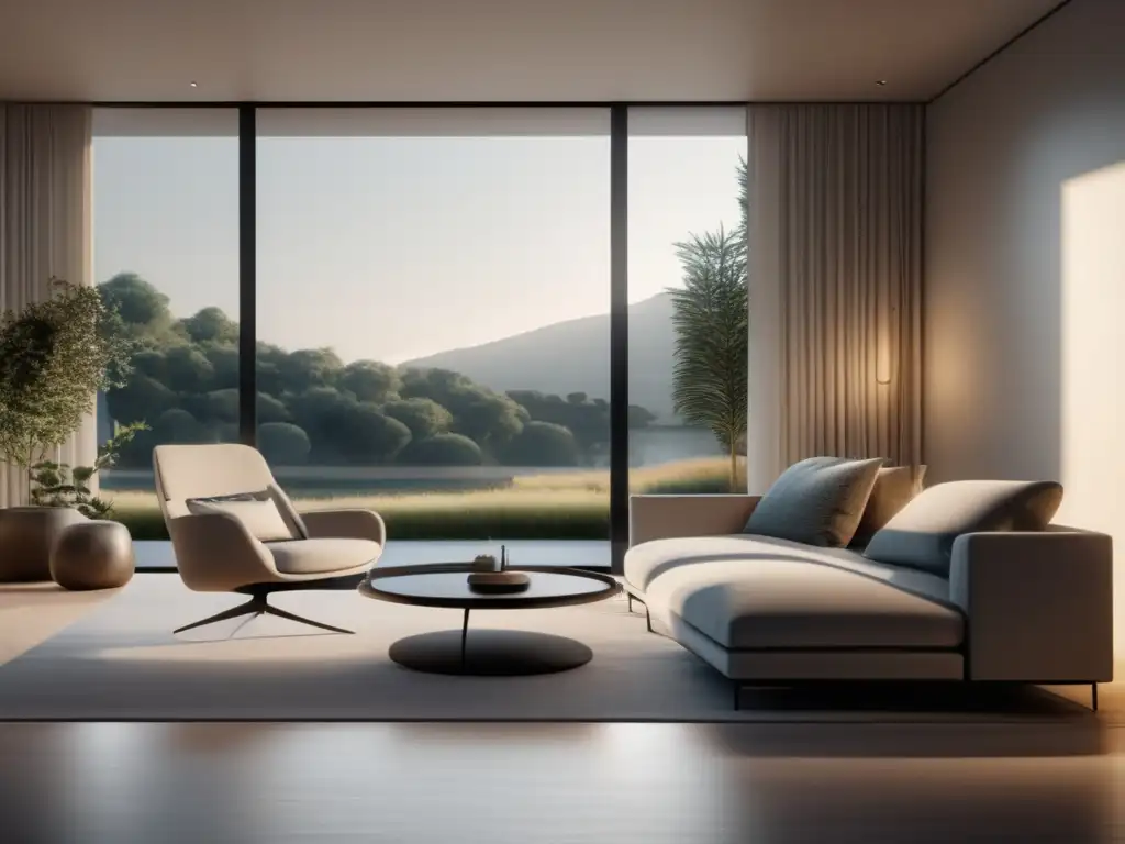 Habitación minimalista y tranquila con vistas a un jardín relajante Serena habitación minimalista con vistas al jardín, muebles contemporáneos y libro